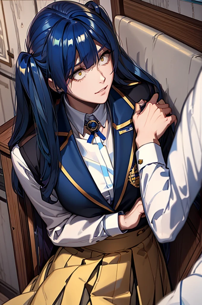 long hair, blue hair, yellow eyes, (twintails:1.1) blue suit, skirt, shirt, , badge on the chest
