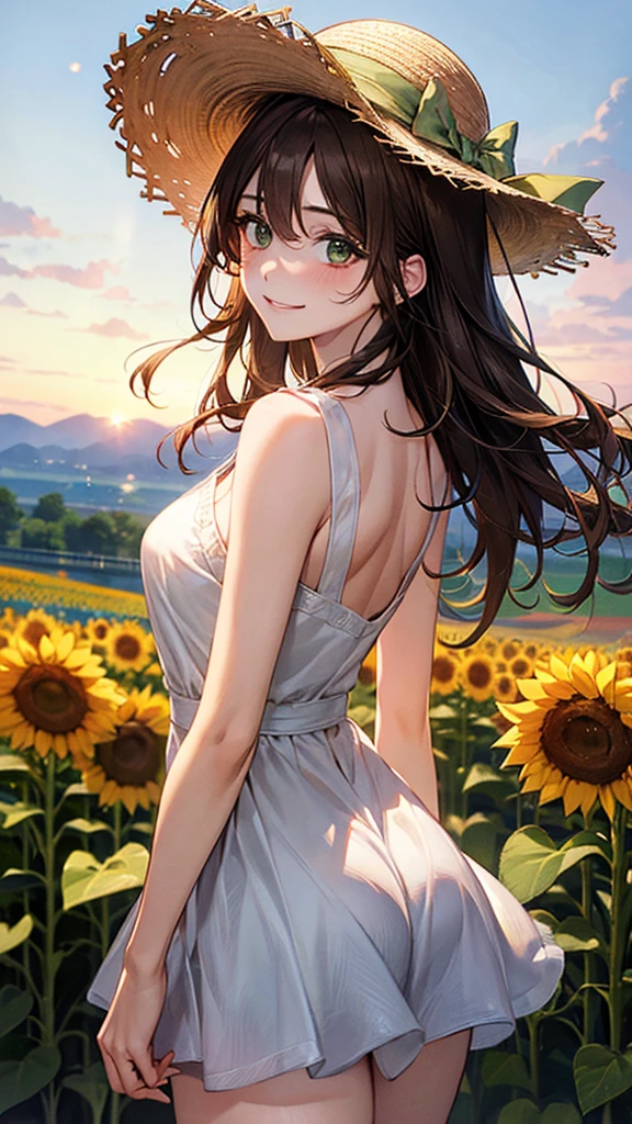 ((Highest quality)), ((High resolution)), ((masterpiece)), (detailed), (photograph), 
View your viewers, Cowboy Shot, Written boundary depth, Anatomically correct, Mature Woman, Perfect Face, Cute and symmetrical face, Shiny skin, 
(Long Hair, Light Brown Hair), Hair between the eyes, Green Eyes, Long eyelashes, (Big Breasts:0.8), 
Beautiful Hair, Beautiful Face, Beautiful details, Beautiful clavicle, Beautiful body, Beautiful breasts, Beautiful thighs, Beautiful legs,
(White dress, Straw hat), 
(Beautiful views), Sun shower, Sunflower field, Look back here, (Cute Smile), 