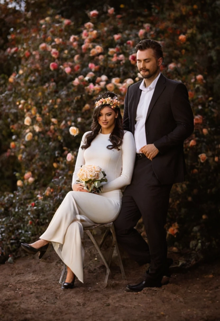 there is a man and woman posing for a picture outside in the autumn garden , soft bright light , sunny day ,  wedding photo, couples portrait , ((garden of rose flowers ))