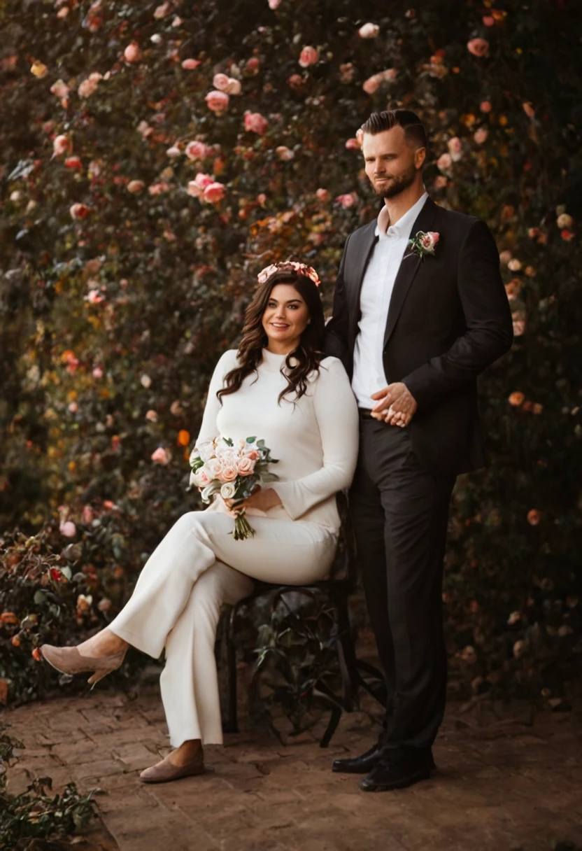 there is a man and woman posing for a picture outside in the autumn garden , soft bright light , sunny day , wedding photo, couples portrait , ((garden of rose flowers ))