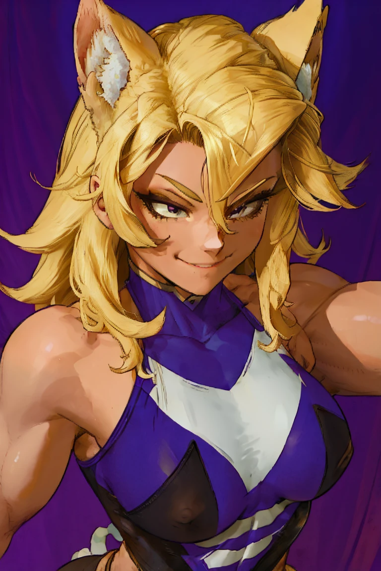 A hot girl with strong, light blonde hair, cute hair, Look of Fury, musclegirl, dark costume and fist. Smile, lilac makeup,