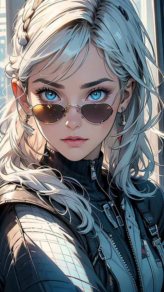(((masterpiece, highest quality))),(((solo:1.2))),(((1girl:1.2))),32k wallpaper, very detailed,(((((portfolio))))),(((((Close-up))))),(((((bust up))))),((((more various angle)))),(((highlight))),((((heterochromia)))),(((complete. detailed face))),((((Extremely talented)))),((((Wonderfully detailed complicated machine)))),((((genius mechanic)))),((Overall colorfully)),(((perfect clear skinn))),((so in vain))),(((Latest model sunglasses))),(((reflection neon))),(halftone:1.2)