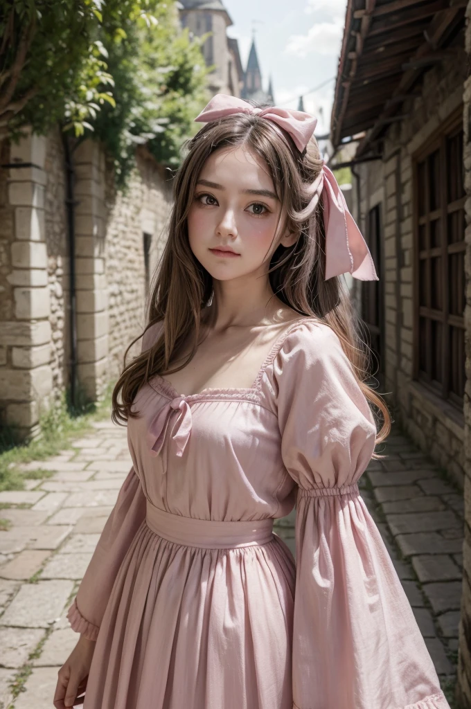 ((Mediovale)) ((middle Ages)) create a character with soft pink clothes that throws a bow that burns