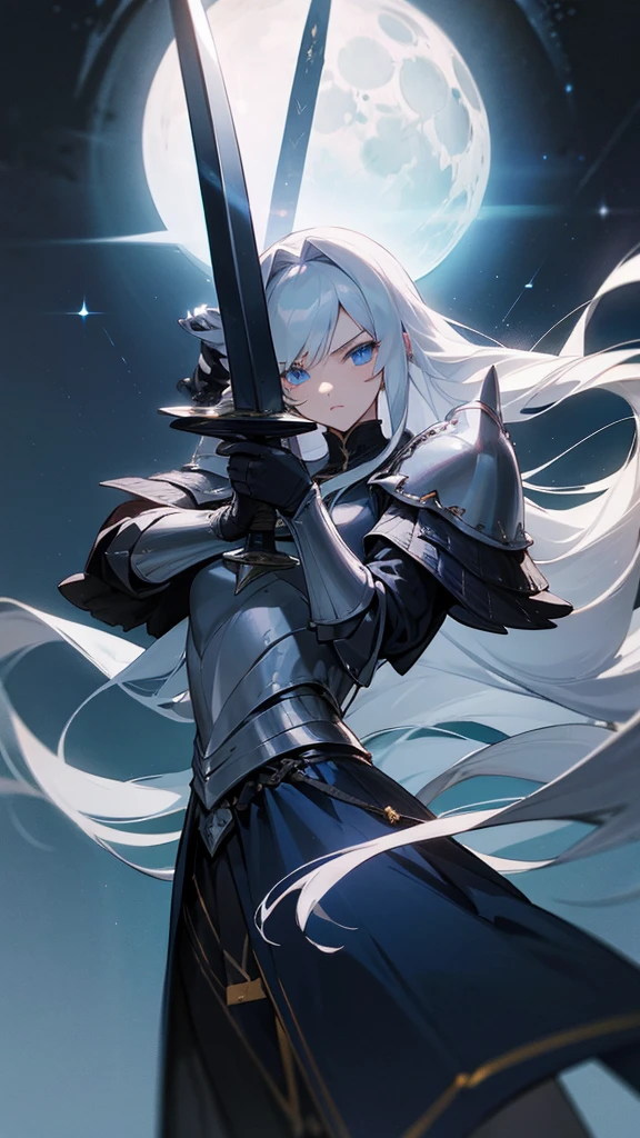(Long Hair) (Silver Hair) (Jet Black Armor) (moon) (Dark blue eyes) (Carry a long sword),beautiful girl,One person