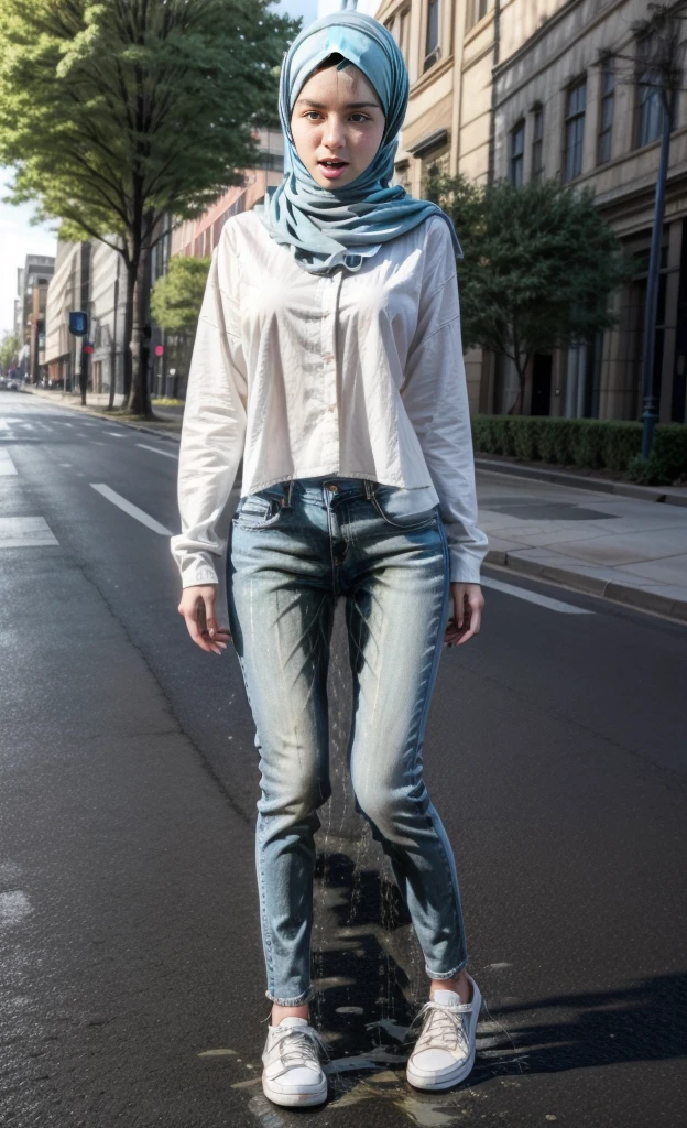 RAW photo, photo realistic:1.2, ultra high resolution, highly detailed face, highly detailed eyes, perfect anatomy, super detailed skin, not safe for work, UHD, (peeing self:1.8), (pee stain:1.2),
(dynamic angle, standing pose:1.2), outdoors, (have to pee), downtown, (legs focus, full body:1.3), (beautiful face, beautiful eyes, beautiful legs),
1girl, 20 year old, arab, black hair, forehead, blue eyes, blush, worried, open mouth, large breast, hard nipples, cleavage, (white button shirt), long sleeves, (hands between legs:1.2), skinny, skinny waist and thick hips, (skinny jeans pants, blue jeans, tight blue jeans), tight pants, (knees together feet apart: 1.2), (white sneakers), (hijab)