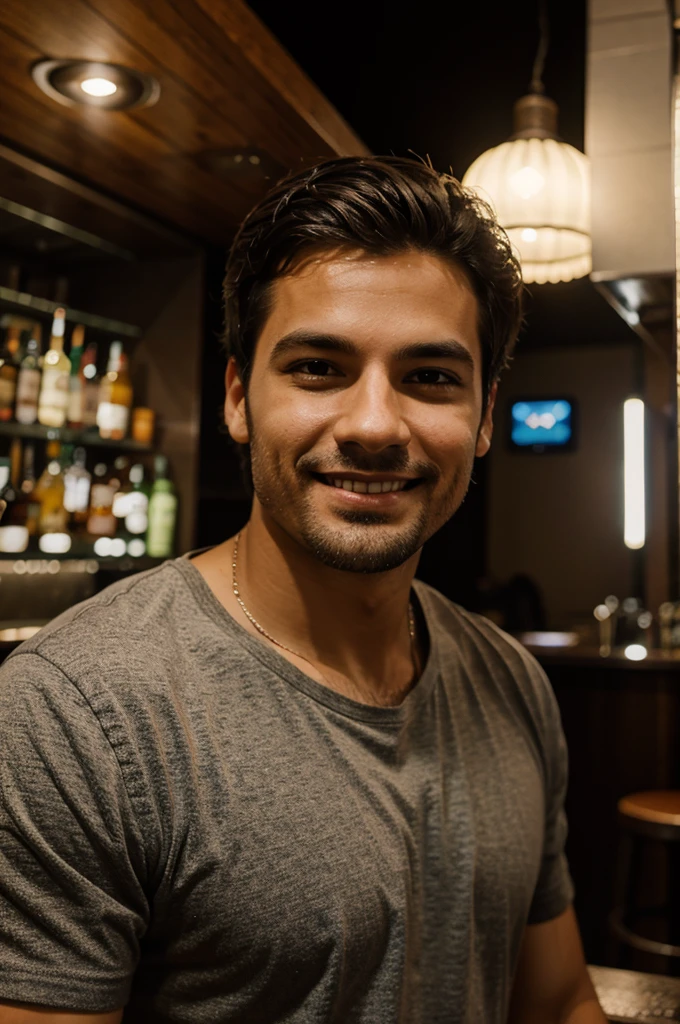 Male character in night cityscape, passport photograph, smiling, perto do mar, moderno, barba, em miami,hanging out in a bar,