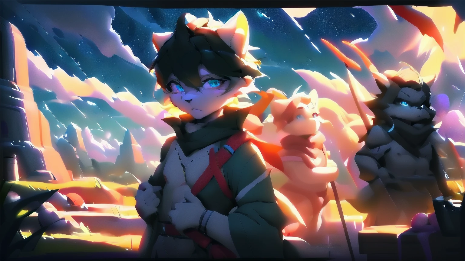 White wolf,juvenile,male,Gray-black fur,black hair Sky blue eyes,Ancient combat uniform,scarf,Holding a long sword,Scabbard back,permanent,The only one,dawn,illumination,Break