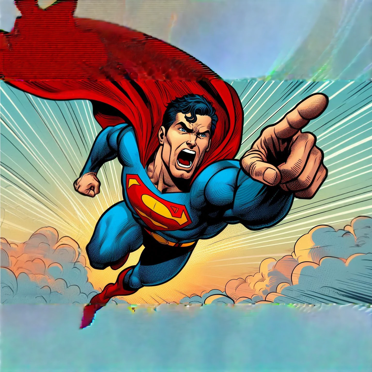 a comic book image of an angry Superman flying in the sky, screaming, with one arm sticking out below him and pointing his index finger at the ground below him. Side view.