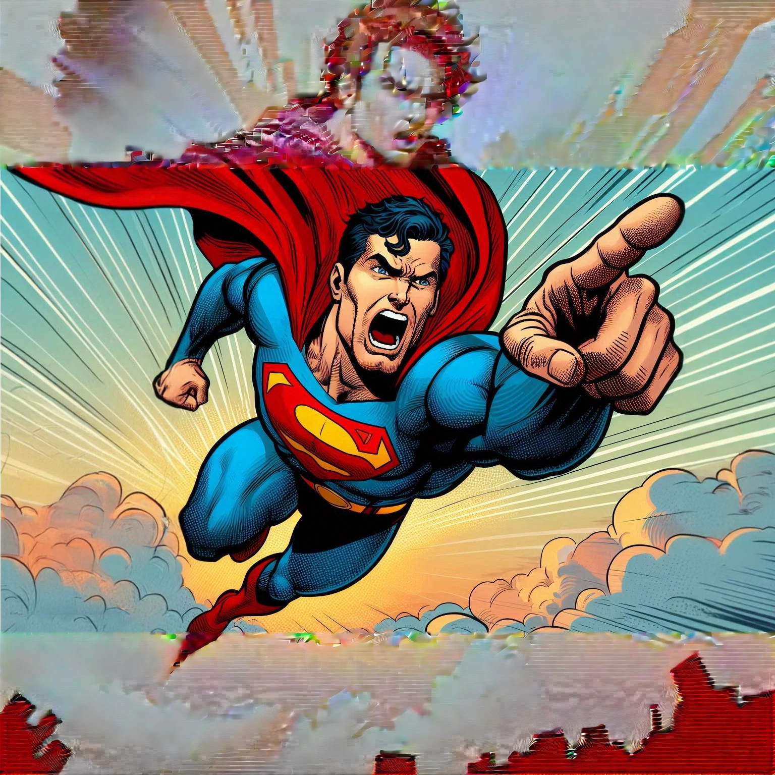 a comic book image of an angry Superman flying in the sky, screaming, with one arm sticking out below him and pointing his index finger at the ground below him. Side view.