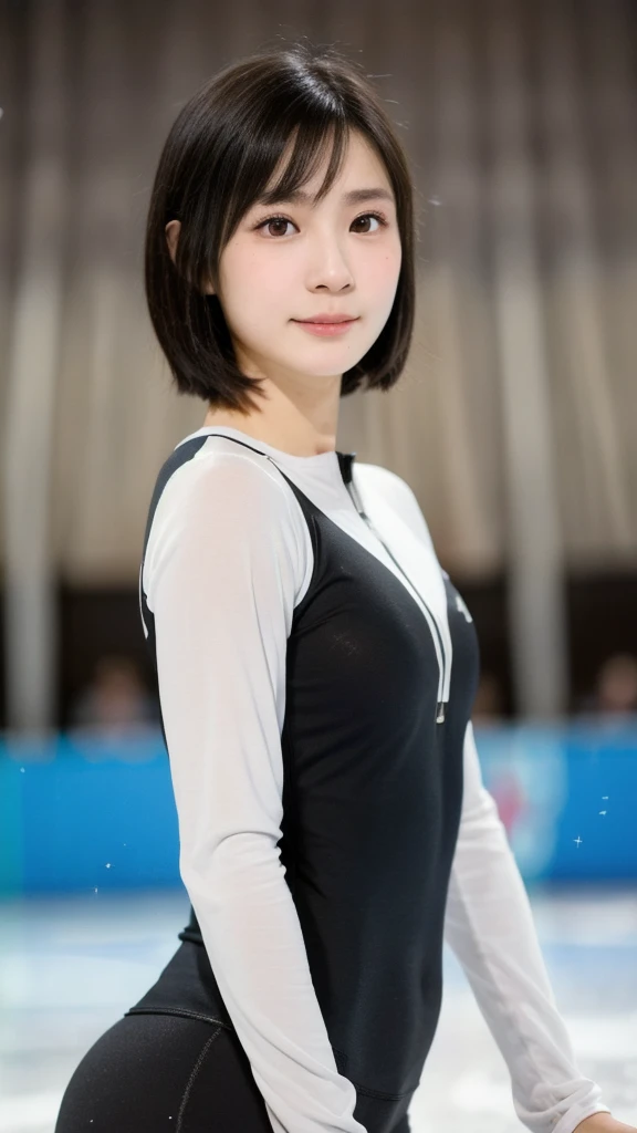 (kawaii 24 year-old Japanese girl, Nogizaka idol, Korean idol), healthy female athlete, figure skater, (glossy black hair, messy very short hair, messy pixie cut, symmetric hair length, even length hair edges:1.3), (bangs), (rounded face, black eyes, single eyelid, no makeup, soft smiling:1.2), (wearing long sleeved black training half zip tops:1.3), flat chest, extra small breasts, black sports leggings, (looking at viewer:1.2), BREAK, (ice skate arena background:1.3), (dynamic angle:1.3), face focus, BREAK, (masterpiece, best quality, photo realistic, official art:1.4), (UHD, 8K quality wallpaper, high resolution, raw photo, golden ratio:1.2), (shiny skin), professional lighting, physically based rendering, award winning, (perfect anatomy, highly detailed skin, extremely detailed face and eyes), Carl Zeiss 300 mm F/2.8, depth of field, 1girl, solo,