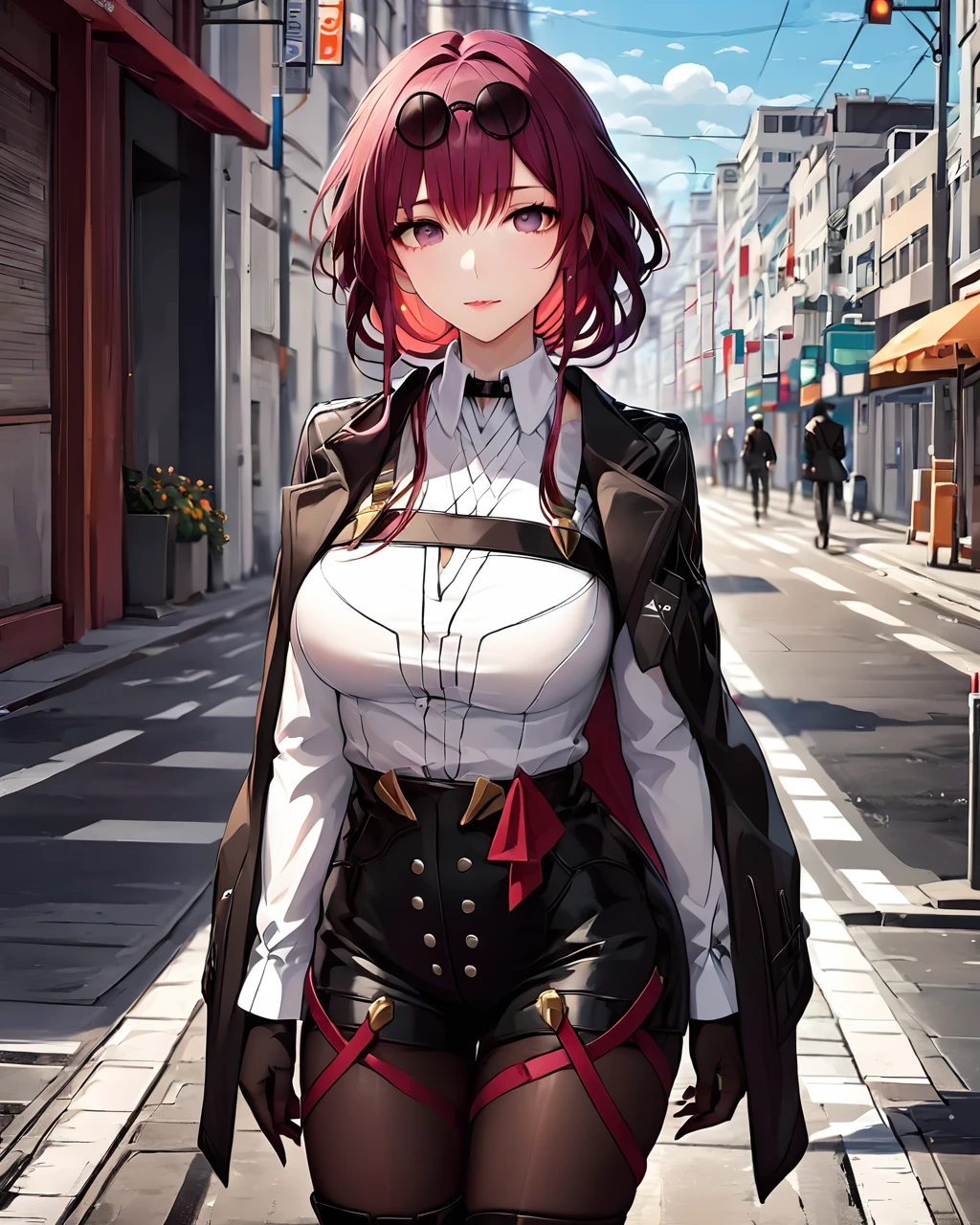 detailed anime style,a beautiful girl standing on the street,whole body,thigh strap,jaket, white  shirt,kafka,