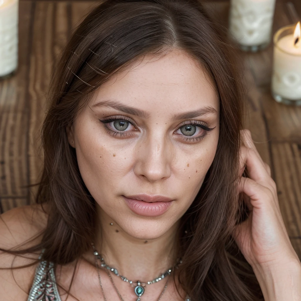 A photorealistic image of a woman 35 years old, with beautiful detailed eyes, beautiful detailed lips, extremely detailed eyes and face, longeyelashes, hyper realistic, intricate details, she is a tarot reader, sitted on a table with tarot cards and candles. Shot from a close-up angle to capture the sense of texture and vibrancy