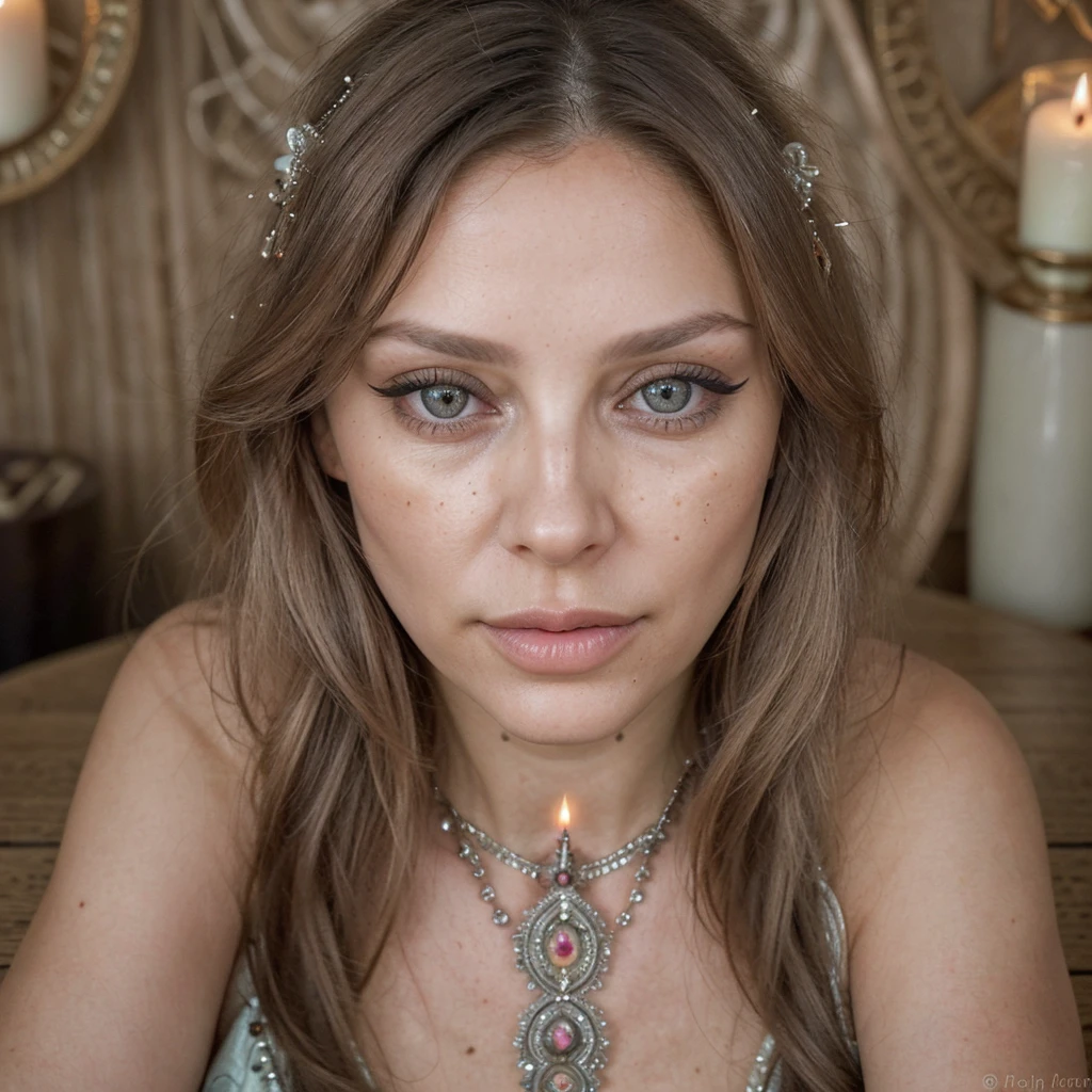 A photorealistic image of a woman 35 years old, with beautiful detailed eyes, beautiful detailed lips, extremely detailed eyes and face, longeyelashes, hyper realistic, intricate details, she is a tarot reader, sitted on a table with tarot cards and candles. Shot from a close-up angle to capture the sense of texture and vibrancy