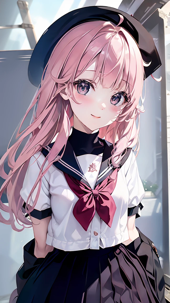 Highest quality,masterpiece,masterpiece portrait,Upper Body,　Blonde、Blue Eyes、Pink lips、、White shirt、Black ribbon at chest、cartoonist、(((Slightly erotic)))、Wear a red beret、tilt your head and smile、Anime Style、Beauty、Her background is monochrome black、(((Looking at the camera facing the front)))、Looking up,oil