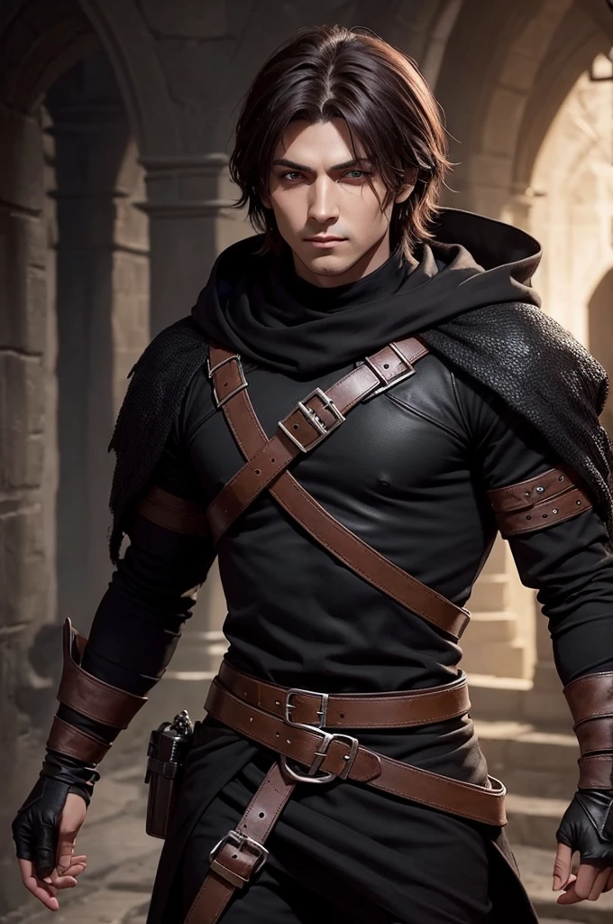 fantasy medieval Short Human male rogue character, black clothes, dark brown skin, reddish eyes (hex code: #8a0404), black colored long afro hair hair, light leather armor.