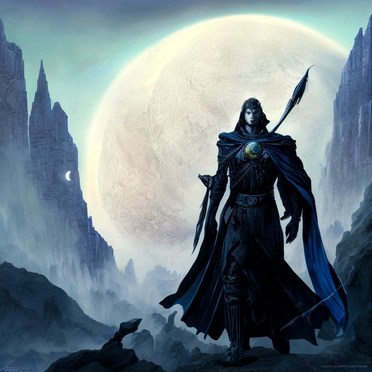 An art illustration concept, a man with long black hair, wearing futuristic blue armor and a dark blue cape, looking at a giant science fiction city. The character is at a high point, with hair in the wind and a determined look. The city fills the horizon. The sky above is full of stars and a crescent moon, while dark clouds. ANDstilo em Im Burns, Syd Mead e Mark Brooks, Michael Whelan and Gustave Doré, AND. McPharlin, Wayne Douglas Barlowe, science fiction painting, ONU e Michael Whelan, ancient science fiction art, Science fiction landscape, Barlowe, Michael Whelan Art, Concept Art.