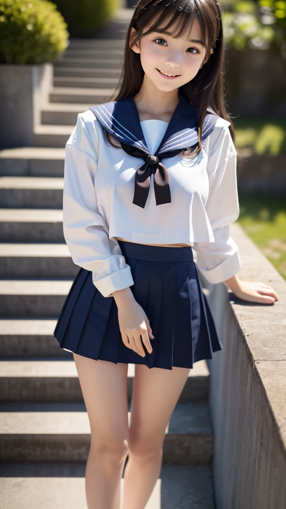 8k UHD、Digital single-lens reflex camera、High resolution、shallow depth of field、Natural light、(((sailor suit)))、(((Dark blue super mini skirt)))、(((full body shot)))、small person、(((young face)))、1 Japanese girl、; beautiful girl、(black hair)、(((brown eyes)))、Glossy skin、smooth thin hair、long hair、detailed background、highly detailed eyes and face、clear eyes、cute smile、Calm atmosphere、(((climb the stairs)))、(((detailed small breasts)))、(((beautiful eyes)))、petya pie、children `s、(((tight thighs)))、(((white panties)))、(((angle from below) ))、(((detailed lips)))、(((The skirt is fluttering)))、beautiful shining legs、((nsfw))