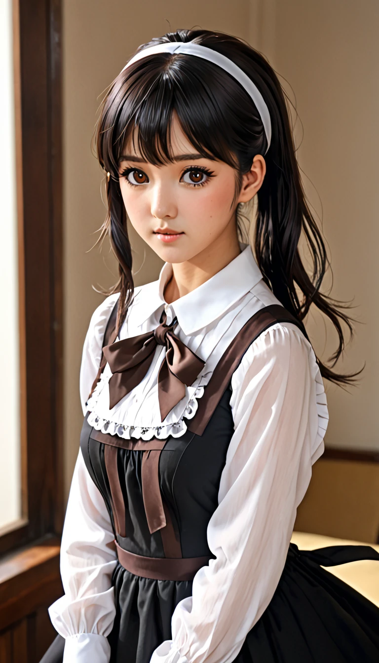 (（（Perfect body,White and tender skin,（（（black dress, pinafore dress, sleeveless dress, white shirt, black ribbon, neck ribbon, long sleeves, black choker，）））,（（（Kobeni Higashiyama, black hair, hair ornament, hairclip, ponytail, short hair, (brown eyes:1.5),）））,((masterpiece)),highres,((Best quality at best)),masterpiece,quality,Best quality,(（（ Exquisite facial features,Looking at the audience,There is light in the eyes,(（（frown，Wronged））），Look up）））,（（（Light and shadow,Huge breasts,）））,（（（Looking at the camera,White background)））)