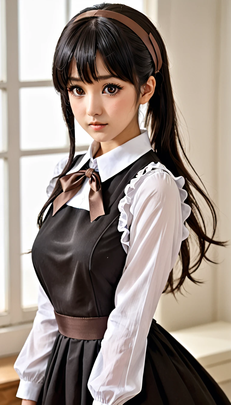 (（（Perfect body,White and tender skin,（（（black dress, pinafore dress, sleeveless dress, white shirt, black ribbon, neck ribbon, long sleeves, black choker，）））,（（（Kobeni Higashiyama, black hair, hair ornament, hairclip, ponytail, short hair, (brown eyes:1.5),）））,((masterpiece)),highres,((Best quality at best)),masterpiece,quality,Best quality,(（（ Exquisite facial features,Looking at the audience,There is light in the eyes,(（（frown，Wronged））），Look up）））,（（（Light and shadow,Huge breasts,）））,（（（Looking at the camera,White background)））)