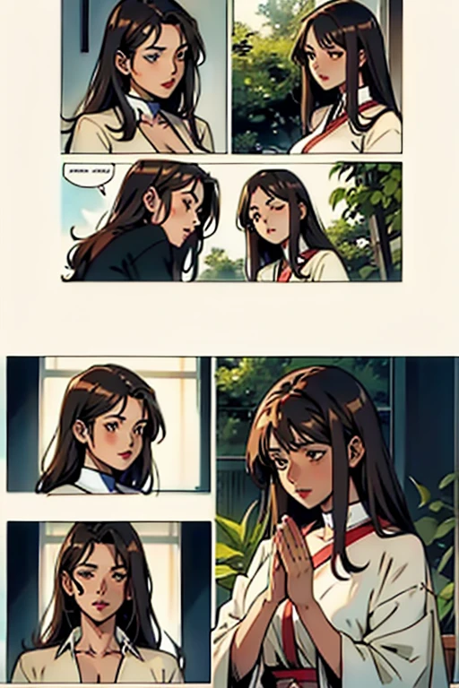 Mature women with long brown hair with lipstick , gentle eyes, holding herbs and meditating , manga page with panels and dialogue