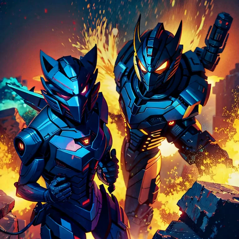 A transformer based on a spider (Decepticon) fights a transformer themed around a Cheetah (Autobot), robot battle in New York, explosions, high action