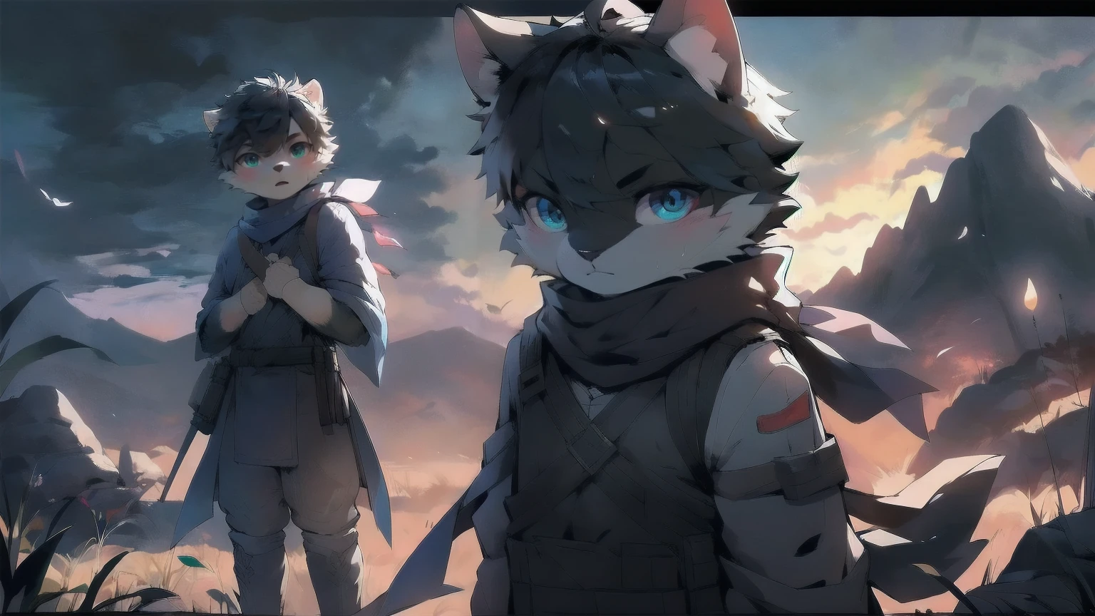White wolf，juvenile，male，Gray-black fur，black hair Sky blue eyes，Ancient combat uniform，scarf，Holding a long sword，Scabbard back，permanent，The only one,dawn，illumination，Break