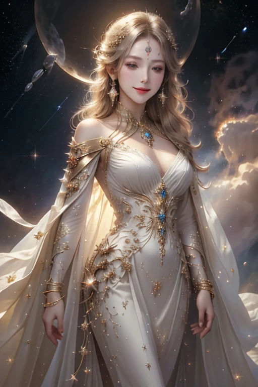 (masterpiece、Highest quality、High resolution、8K、16K)、((Alone in space、Beautiful Goddess、Standing posture、フローティング  the sky like a star))、((whole body))、Sunshine on my back、Golden Cape、White long dress、No sleeve、Adorned with vibrant jewels、Gold Bracelet、Blonde middle、Beautiful brown eyes、A kind smile、Mouth closed、Elegant and detailed face、Graceful operation、Professional Lighting、The universe is full of light、Countless stars and nebulae、