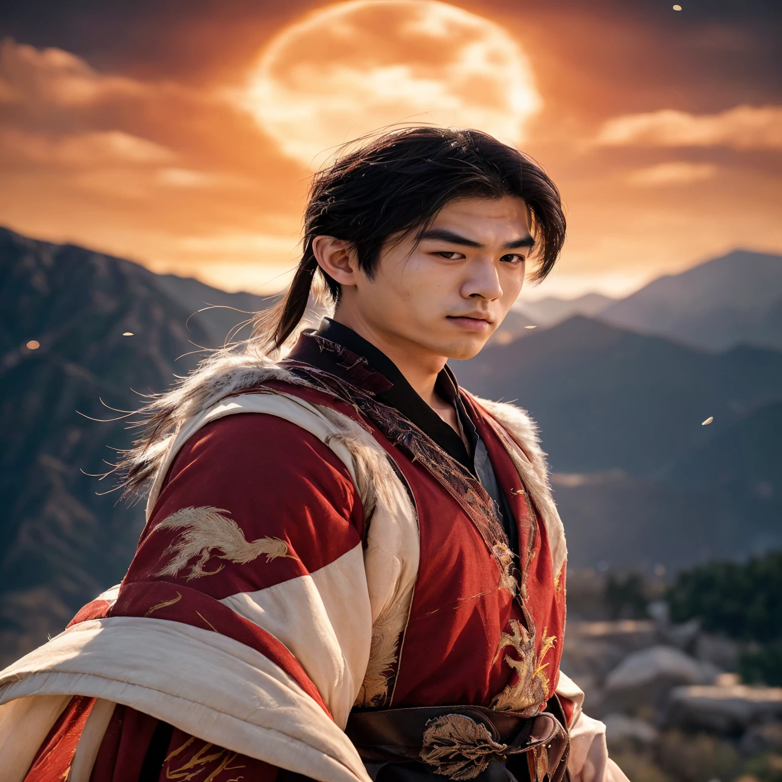 8K, masterpiece, A 21-year-old Asian man,Sparse eyebrows,Oval face,Phoenix Eyes, Handsome face,Man whole body ,Mountains in the background, It's night。Deep blue sky,Full Moon,His skin is very fair,He is very slim, The limbs have obvious muscle lines,HD Photography,Real-world scenarios,Perfect eyes, Perfect skin, Perfect hands, Lots of details, Wearing a red robe embroidered with a white dragon pattern, Red trousers, Red turtleneck shirt, fire, fire焰, magic, Messy long hair, Ponytail, Looking into the distance, Demonic eyes on the audience, Cool and attractive, standing atop a mountain peak, Wind Blow, ((Red Dragon))