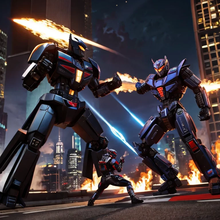 A transformer based on a spider (Decepticon) fights a transformer themed around a Cheetah (Autobot), robot battle in New York, explosions, high action