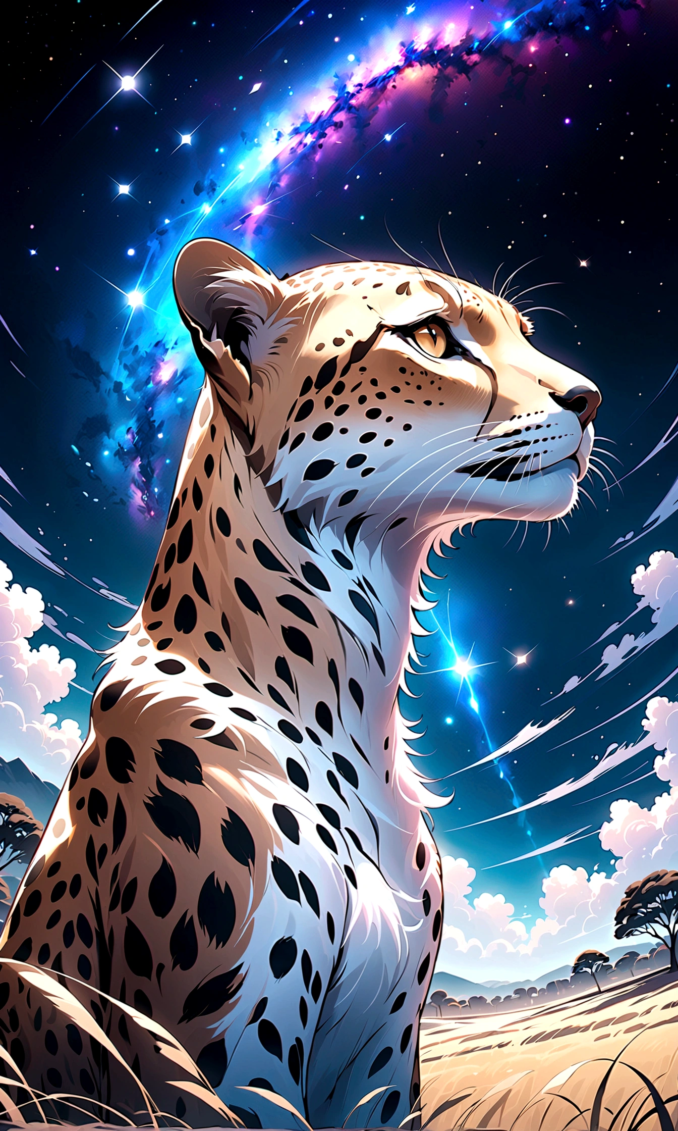 ((Draw a night savannah landscape)),A cheetah looking up at the sky,This is a scene that rose from the depths of sadness and despair.,The theme is "A night of sad and beautiful memories",Match the overall atmosphere of the painting to the theme,A beautiful starry sky spreads out,stardust,Savannah nature,Sparkling,beautiful light and shadow,anatomically correct,perfect anatomy,Intricate details,Wide range of colors,artwork,rendering,(masterpiece:1.3),(highest quality:1.4),(Super detailed:1.5),High resolution,Very detailed,unity 8k wallpaper,Decadent,Wind,zentangle,absurd