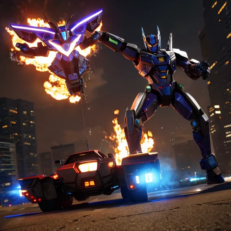 A transformer based on a spider (Decepticon) fights a transformer themed around a Cheetah (Autobot), robot battle in New York, explosions, high action