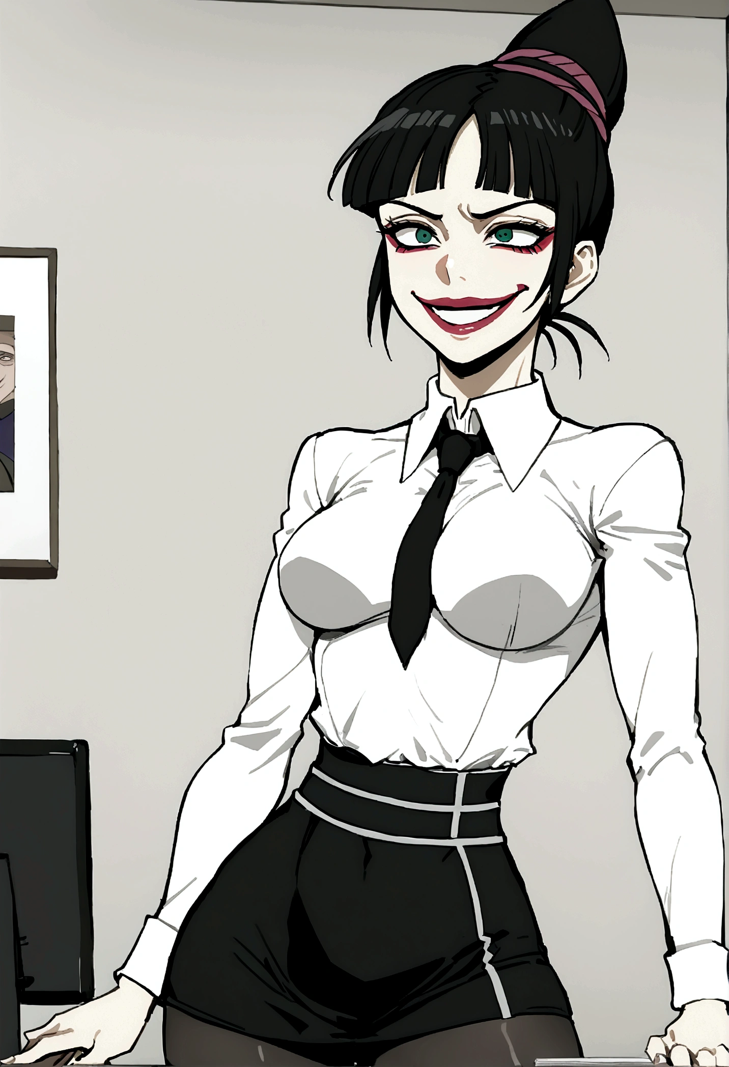 juri han, work of art, tight white secretary shirt with black tie, black high waist skirt, short skirt,stocking, black hair, black tights,evil smile,office,franja nos olhos,iluminação,chifre de cabelos,visão de cima,olhando para cima