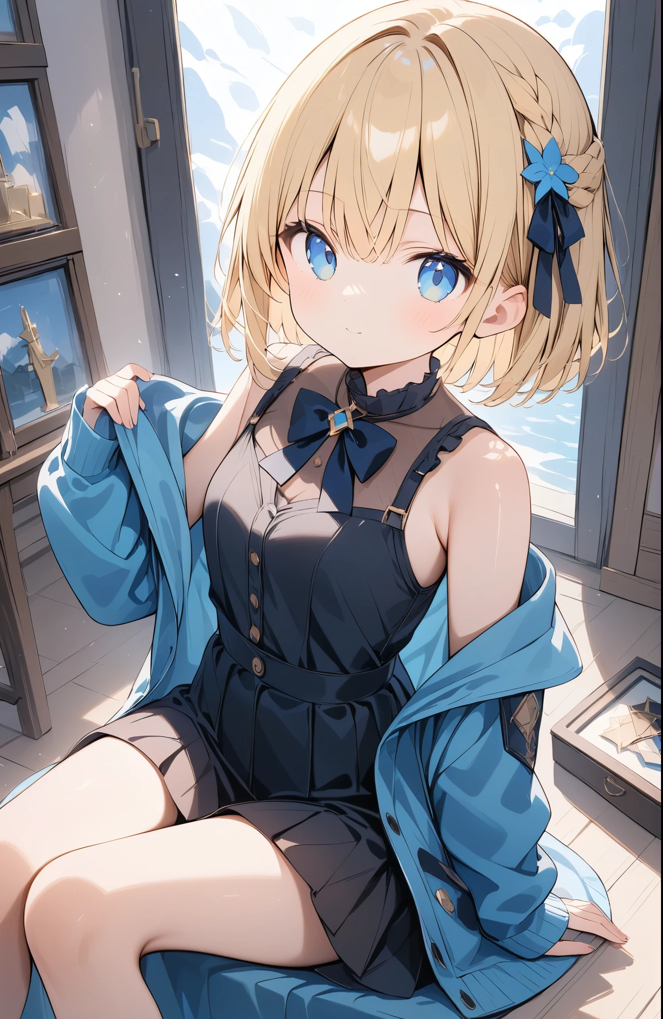 超High resolution, Attention to detail, high quality, High resolution, 最high quality, 4K, 8K, Awards, (artwork)、森の中,木の下で休む女の子、Blonde、Short Hair、(Blue Eyes:0.9)、cute、Sitting