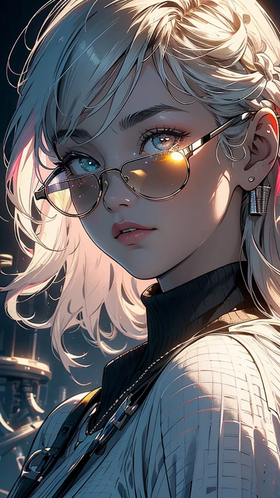 (((masterpiece, highest quality))),(((solo:1.2))),(((1girl:1.2))),32k wallpaper, very detailed,(((((portfolio))))),(((((Close-up))))),(((((bust up))))),((((more various angle)))),(((highlight))),((((heterochromia)))),(((complete. detailed face))),((((Extremely talented)))),((((Wonderfully detailed complicated machine)))),((((genius mechanic)))),((Overall colorfully)),(((perfect clear skinn))),((so in vain))),(((Latest model sunglasses))),(((reflection neon))),(halftone:1.2)