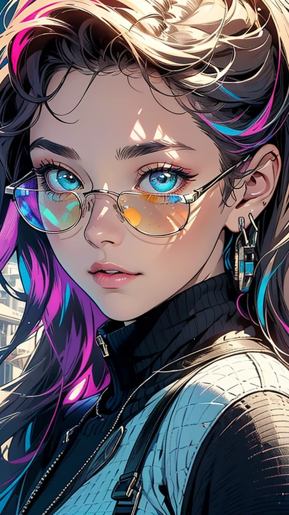 (((masterpiece, highest quality))),(((solo:1.2))),(((1girl:1.2))),32k wallpaper, very detailed,(((((portfolio))))),(((((Close-up))))),(((((bust up))))),((((more various angle)))),(((highlight))),((((heterochromia)))),(((complete. detailed face))),((((Extremely talented)))),((((Wonderfully detailed complicated machine)))),((((genius mechanic)))),((Overall colorfully)),(((perfect clear skinn))),((so in vain))),(((Latest model sunglasses))),(((reflection neon))),(halftone:1.2)