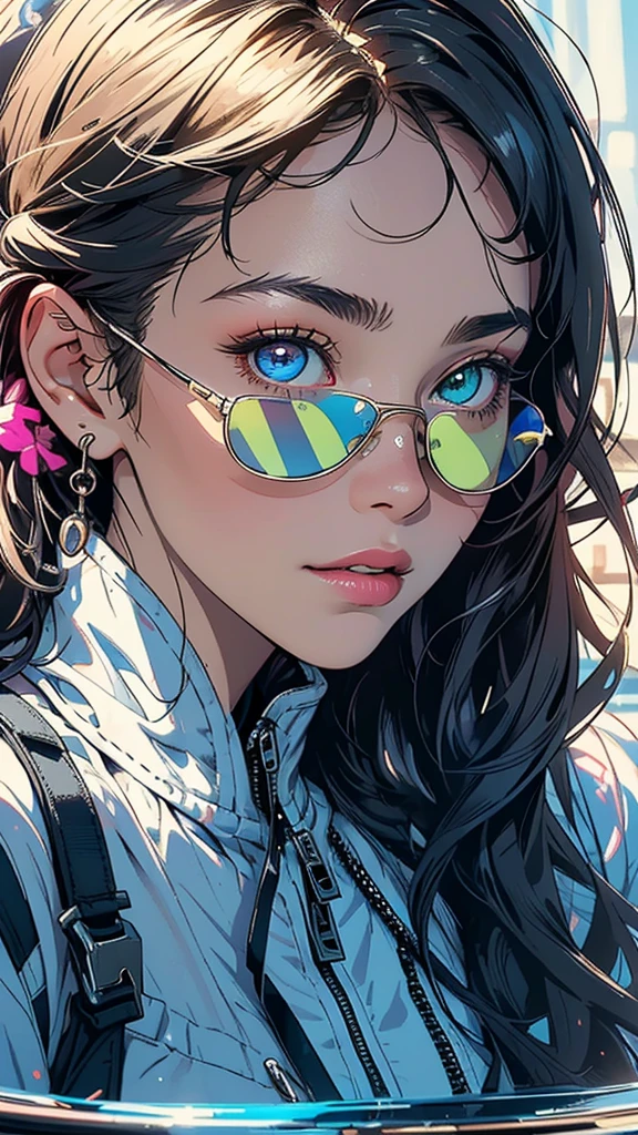 (((masterpiece, highest quality))),(((solo:1.2))),(((1girl:1.2))),32k wallpaper, very detailed,(((((portfolio))))),(((((Close-up))))),(((((bust up))))),((((more various angle)))),(((highlight))),((((heterochromia)))),(((complete. detailed face))),((((Extremely talented)))),((((Wonderfully detailed complicated machine)))),((((genius mechanic)))),((Overall colorfully)),(((perfect clear skinn))),((so in vain))),(((Latest model sunglasses))),(((reflection neon))),(halftone:1.2)