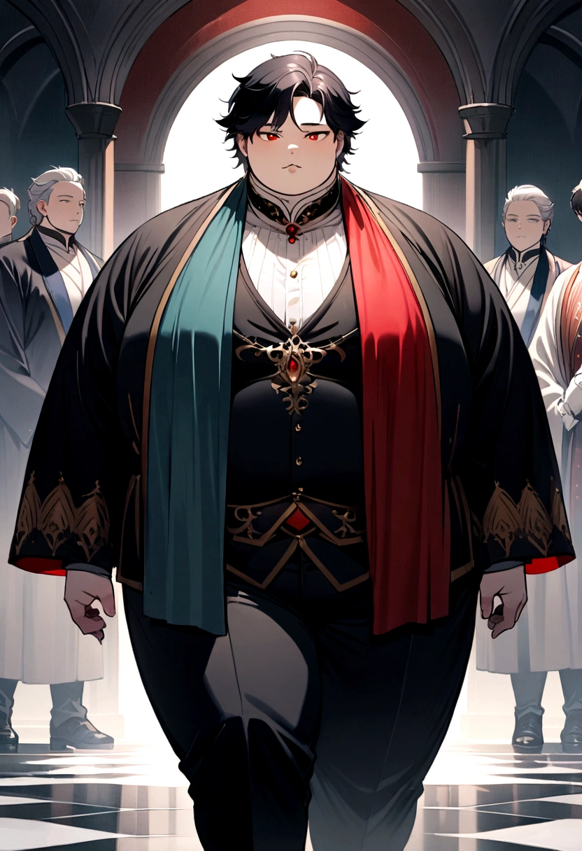 dignified appearance, a plump physique, and soft and majestic colors, boy around 18 age, black hair colour , black and red colour clothes, boy 