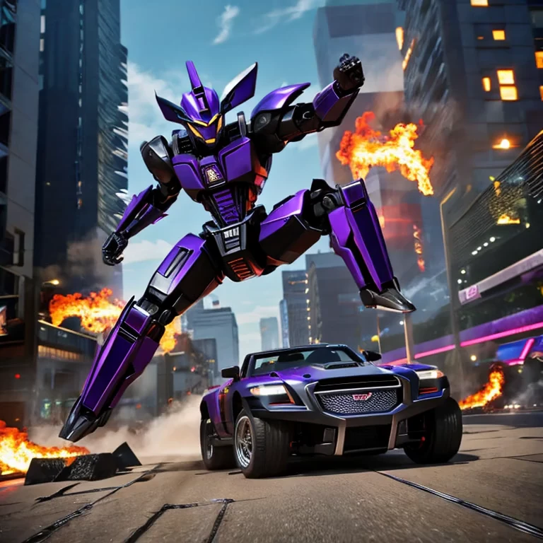 A transformer based on a spider (Decepticon) fights a transformer themed around a Cheetah (Autobot), robot battle in New York, explosions, high action