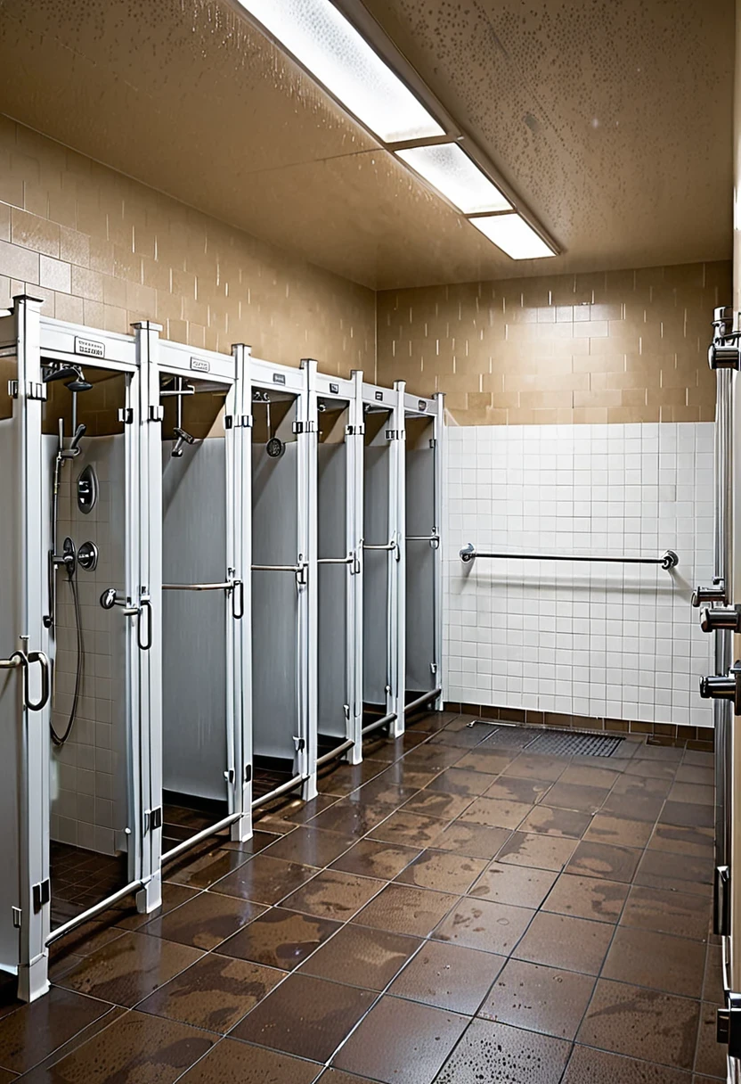 in a shower stall a woman stands under streams of water from a shower head