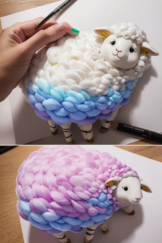Create a drawing of a sheep that has colors that shine like porpurine