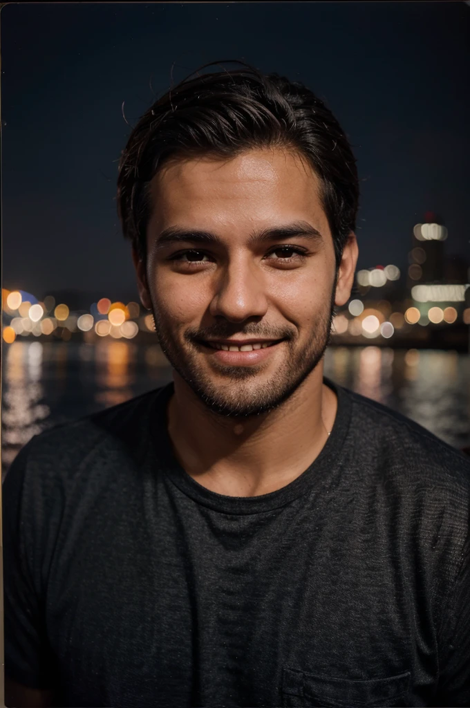 Male character in night cityscape, passport photograph, smiling, perto do mar, moderno, barba