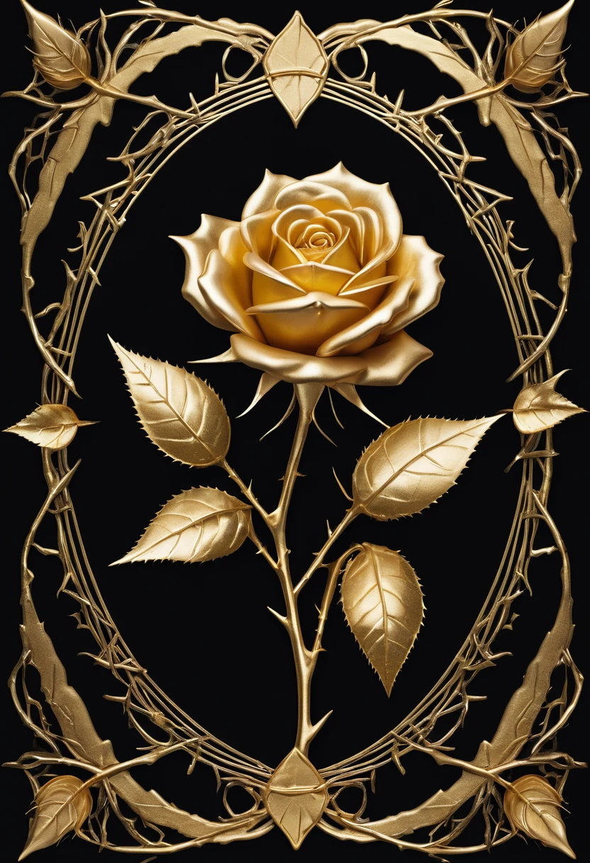 A book cover with black background. Golden thorns in every corner. A golden small rose in the middle with white fohs surrounding it. Giving a mysterious and darker vibes.