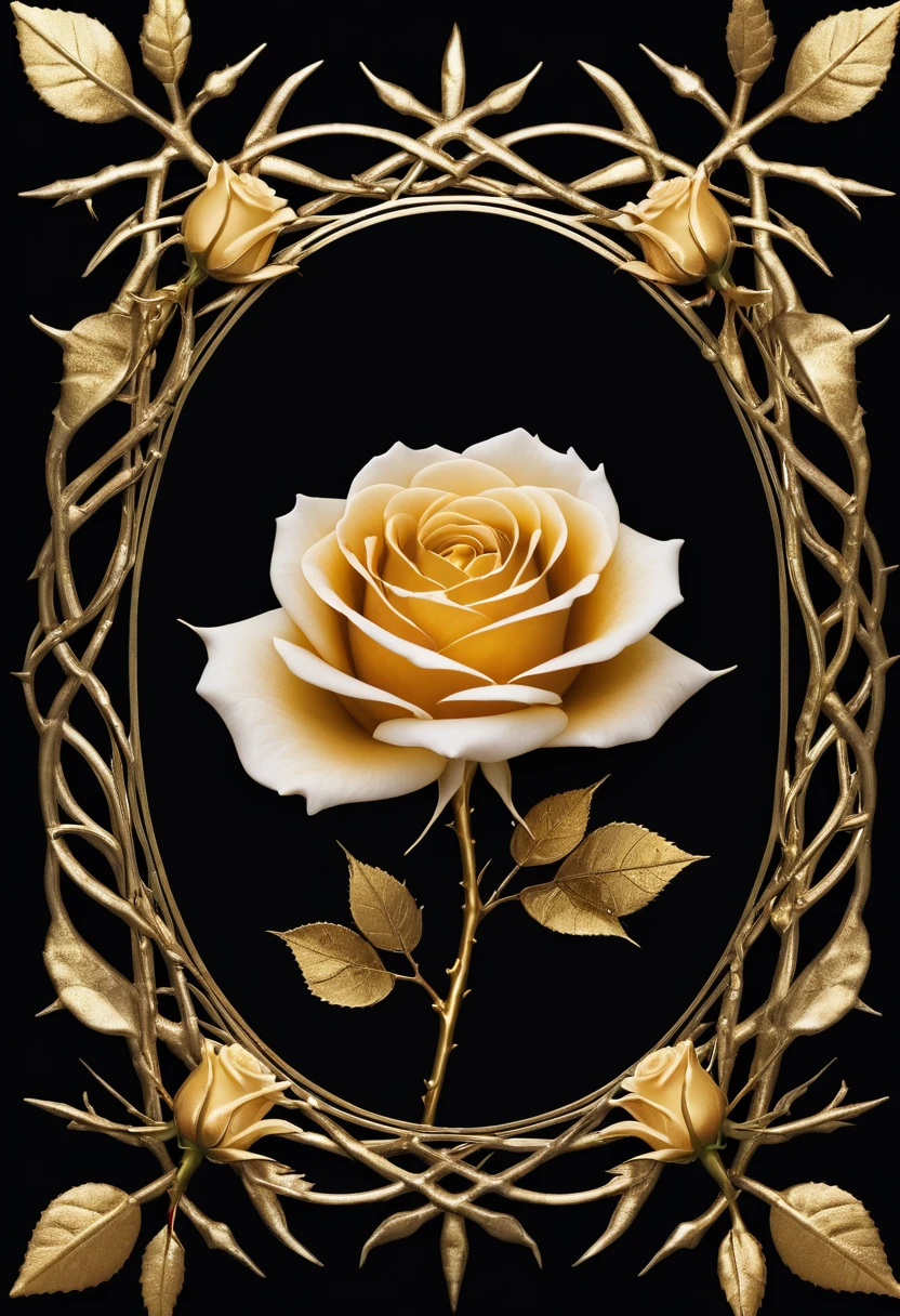 A book cover with black background. Golden thorns in every corner. A golden small rose in the middle with white fohs surrounding it. Giving a mysterious and darker vibes.
