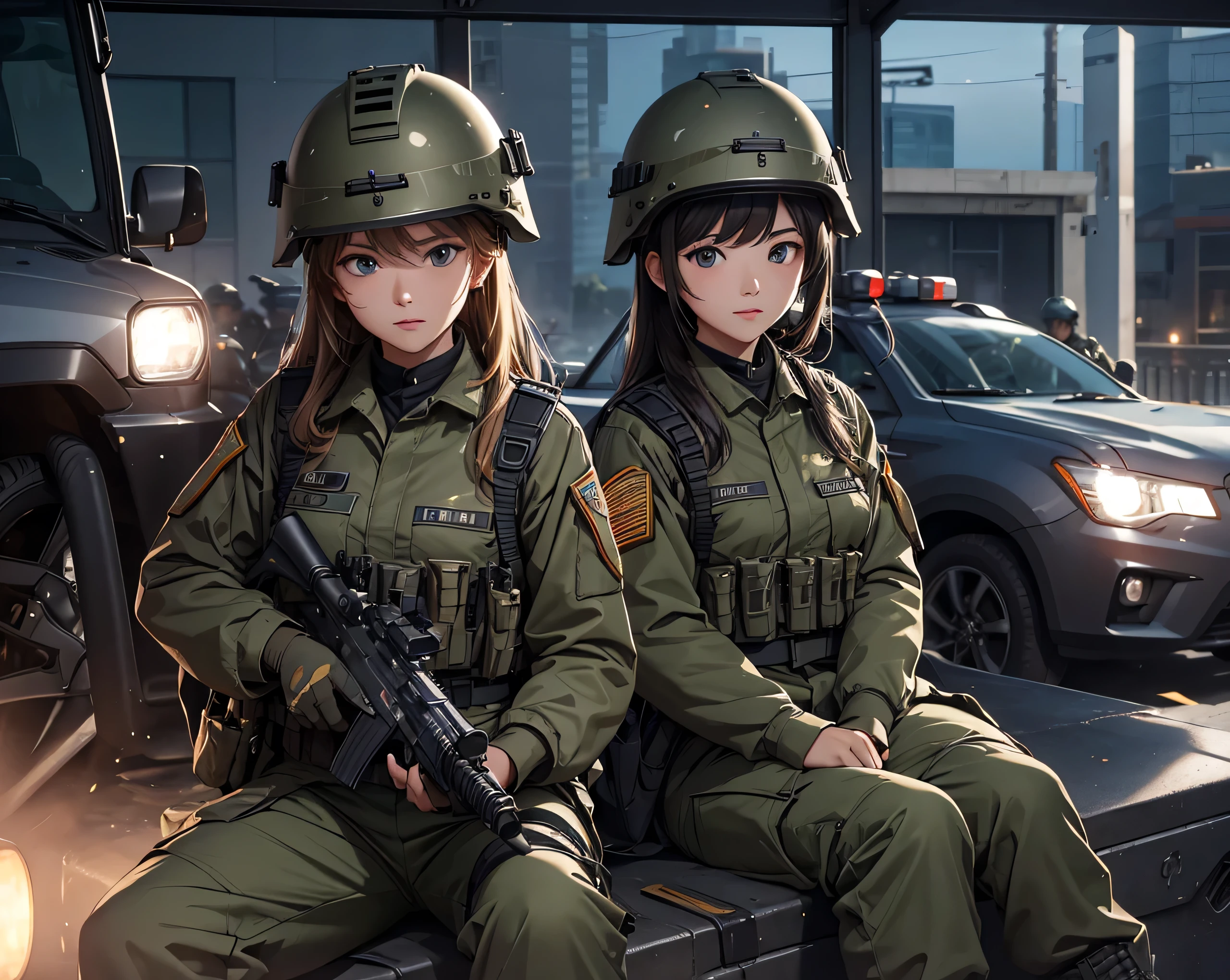 First-person perspective、Three female soldiers all wearing helmets on patrol、M.51 Military Uniform 、Military Pants、night、Sitting in patrol car、Write details、masterpiece、best quality、Highly detailed CG、8K picture quality