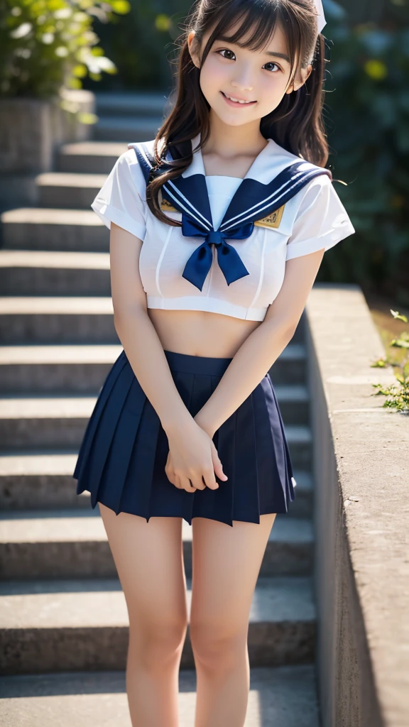 8k UHD、Digital single-lens reflex camera、High resolution、shallow depth of field、Natural light、(((sailor suit)))、(((Dark blue super mini skirt)))、(((full body shot)))、small person、(((young face)))、1 Japanese girl、; beautiful girl、(black hair)、(((brown eyes)))、Glossy skin、smooth thin hair、long hair、detailed background、highly detailed eyes and face、clear eyes、cute smile、Calm atmosphere、(((climb the stairs)))、(((detailed small breasts)))、(((beautiful eyes)))、petya pie、children `s、 thighs)))、(((white panties)))、(((angle from below) ))、(((detailed lips)))、(((The skirt is fluttering)))、beautiful shining legs、((nsfw))