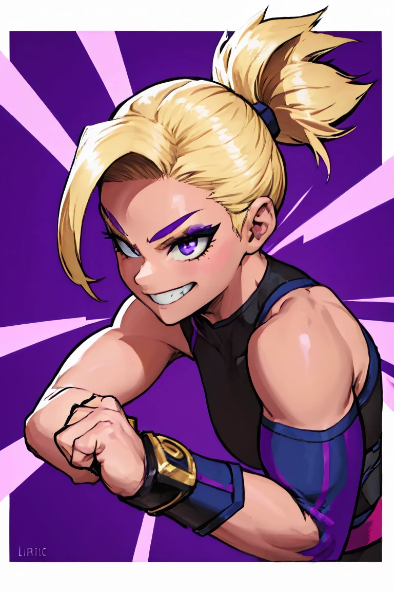 A hot girl with strong, light blonde hair, cute hair, Look of Fury, musclegirl, dark costume and fist. Smile, lilac makeup,