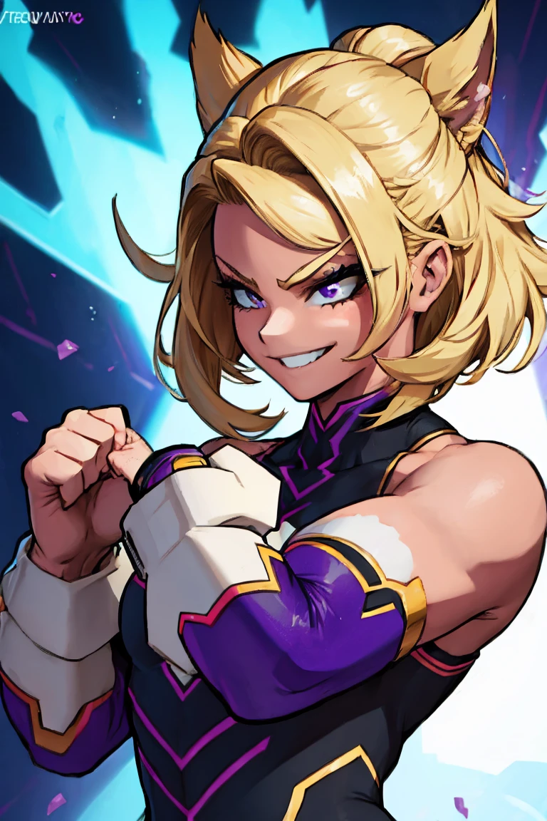 A hot girl with strong, light blonde hair, cute hair, Look of Fury, musclegirl, dark costume and fist. Smile, lilac makeup,