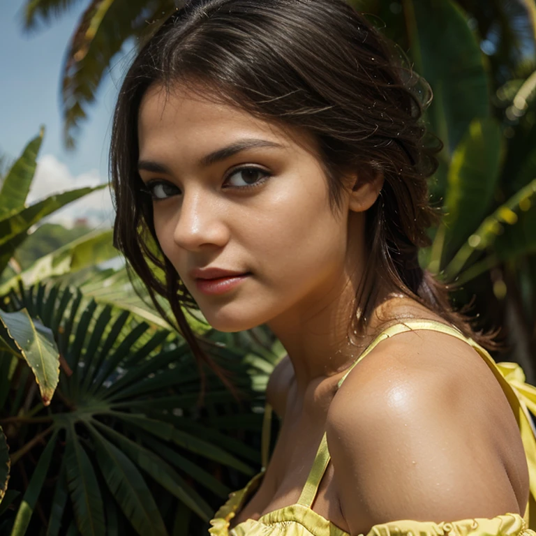 A Brazilian woman in a yellow dress, with blue eyes looking directly into the background