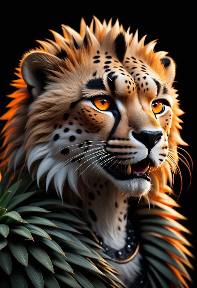 a powerful cheetah in a desert with lush cacti, vivid orange eyes, dramatic black and white, black background, (best quality,4k,8k,highres,masterpiece:1.2),ultra-detailed,(realistic,photorealistic,photo-realistic:1.37),extremely detailed animal portrait, dramatic lighting, fierce predator, intense expression, captivating gaze, sleek spotted fur, muscular build, low angle shot, close-up view, minimalist composition, high contrast