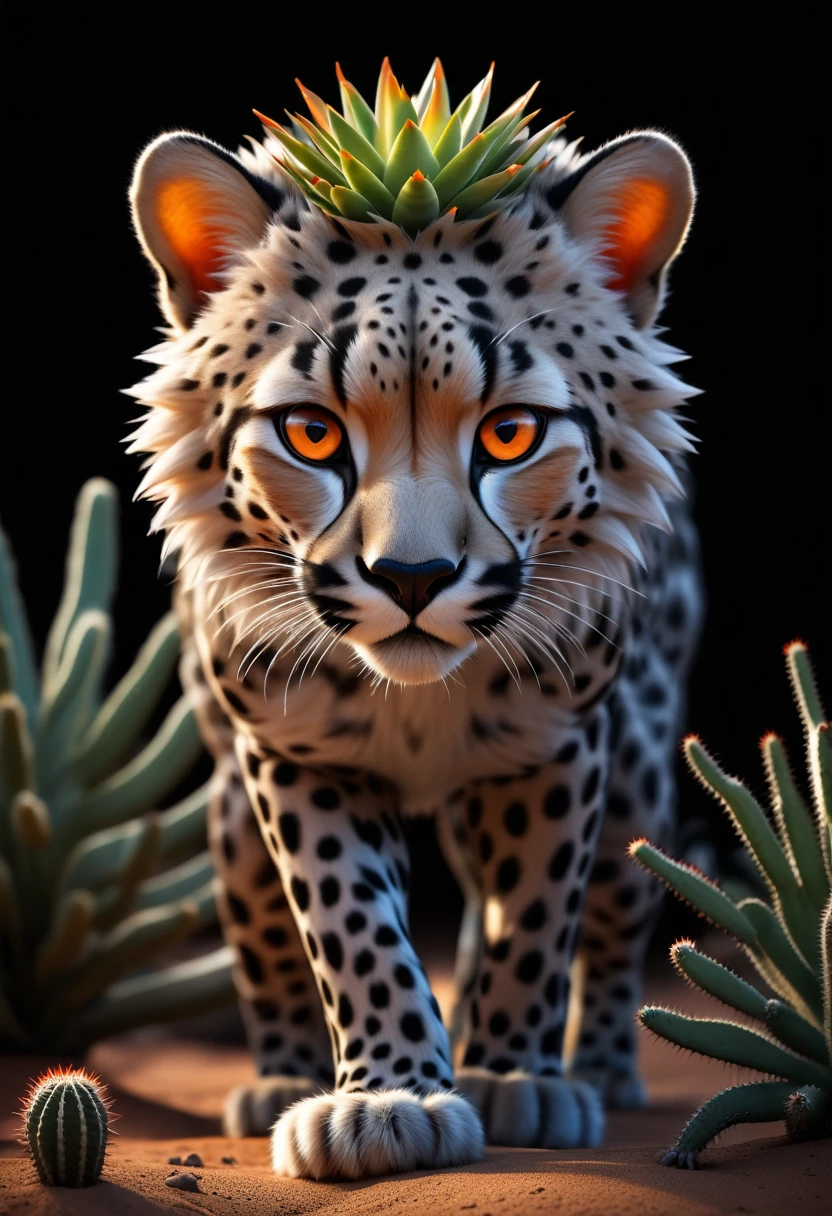 a powerful cheetah in a desert with lush cacti, vivid orange eyes, dramatic black and white, black background, (best quality,4k,8k,highres,masterpiece:1.2),ultra-detailed,(realistic,photorealistic,photo-realistic:1.37),extremely detailed animal portrait, dramatic lighting, fierce predator, intense expression, captivating gaze, sleek spotted fur, muscular build, low angle shot, close-up view, minimalist composition, high contrast